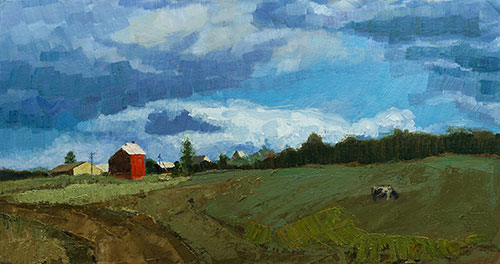 The painter Aleksei Demchenko. Artwork Picture Painting Canvas Landscape. After a rain. Rainy day. A landscape with a cow. 2009, 27 x 50 cm, oil on cardboard