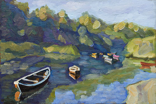 The painter Aleksei Demchenko. Artwork Picture Painting Canvas Landscape. Boats awake. In the morning the boats in the creek. 2010, 25 x 37 cm, oil on cardboard