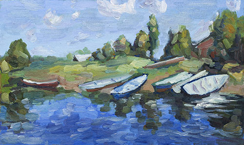 The painter Aleksei Demchenko. Artwork Picture Painting Canvas Landscape. Boats wait. Boats that are drawn up to the river bank. 2010, 24 x 39 cm, oil on cardboard