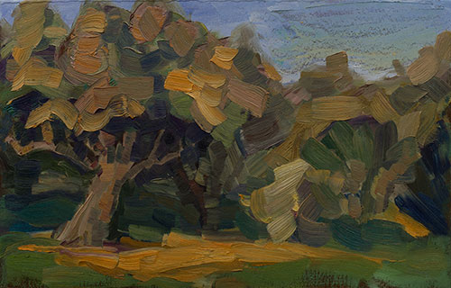 The painter Aleksei Demchenko. Artwork Picture Painting Canvas Landscape. The sun and the oak. 2010, 25 x 40 cm, oil on cardboard
