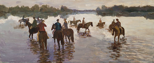 The painter Aleksei Demchenko. Artwork Picture Painting Canvas Landscape Composition. Bathing of horses. Study. 2010, 57 x 140 cm, oil on canvas